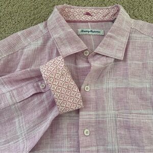 Tommy Bahama Pink Plaid Linen-Blend Button Down Shirt